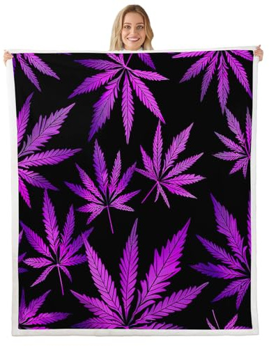 Marijuana Leaf Fleece Flannel Throws Weed Leaf Botanical Soft Cozy Fleece Blankets for Kids Men Women Adults Cannabis Leaves Throw Blankets Luxury Puple Hemp for Sofa Bed Couch,Queen 90x90 Inches