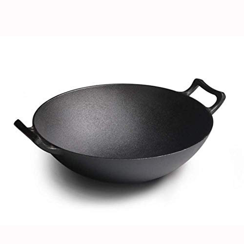 WRMIGN Round Bottom Double Ear Wok Cast Iron Pan 36cm Uncoated Wok Vintage Thickened Cast Iron Pot Infinity Wok 32cm