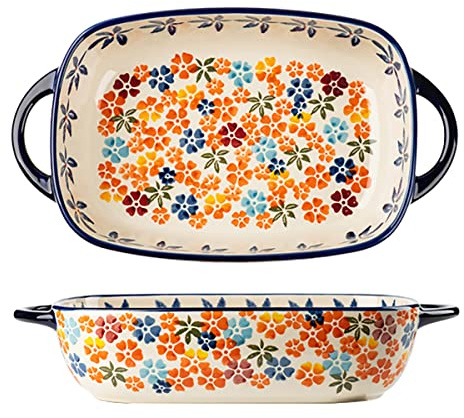 Bicuzat Colorful Cherry Blossom Flowers Vintage Style Ceramic Bakeware Dish Casserole Dish Baking Pan Lasagna Pans with Handles for Oven/Cooking/Kitchen, 1 PCS, 60 oz