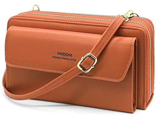 HNOOM Bolso Bandolera de Mujer Cuero PU Gran Capacidad - Monedero Móvil Mini Con Ranuras para Tarjeta (Marrón)
