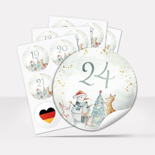 Adventskalender-Zahlen Aufkleber 1 bis 24 / Aquarell Tiere niedlich für Kinder/Etiketten/Sticker/Weihnachtskalender/Advent Junge Mädchen/Rund/DIY/zum Aufkleben