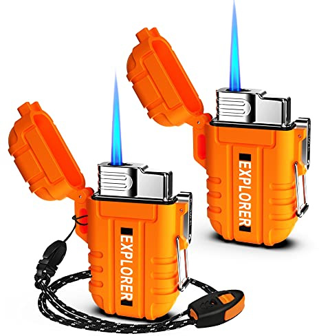 Waterproof Butane Torch Lighter Refillable Windproof Jet Flame Lighters for Fireplace Fireworks Grill Camping BBQ Lighter Gift for Man,2 Pack (Without Gas) (Orange+Orange)