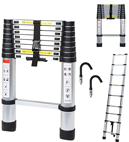 Randaco 2.6M Scala Telescopica con Gancio Rimovibile, Multiuso Allungabile Scaletta Alluminio, Scala Telescopica Antiscivolo, Leggero e Flessibile, Carico Massimo 150 kg