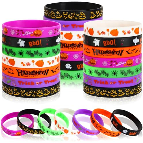 JUNEBRUSHS 42pcs Halloween Party Favors Silicone Bracelets Rubber Wristbands for Halloween Party Decorations Accessories Trick or Treat Goodie Bag Stuffers Fillers Supplies(7 Designs) | Rubber Wristband, for Halloween Party Decorations, Goodie Bag Stuffers Fillers Supplies, for Kids and Audlt