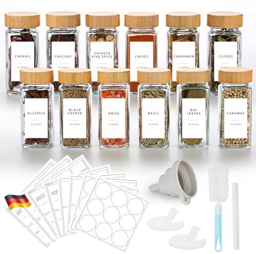 Lannvan Pot à Épices en Verre et Bois - 12 Pièces 120ml Bocaux à Épices avec 246 Étiquettes Françaises - Boite a Cuisine Rangement avec Tamis, Entonnoir