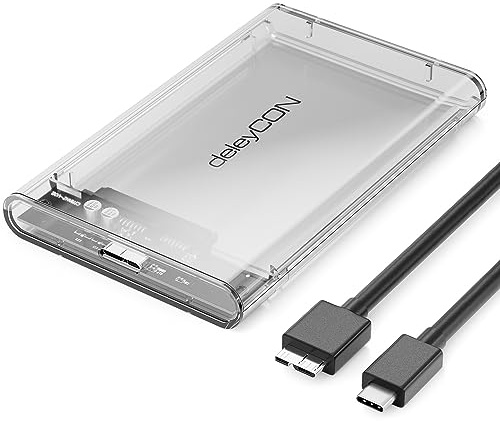 deleyCON SSD Festplattengehäuse USB-C 5Gbps 2,5 Zoll - Transparent | USB 3.1, für SATA 3 SSD/HDD, 7mm bis 9,5mm SATA III Festplatten, externes Gehäuse mit UASP