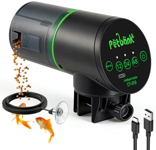 Petbank Alimentador Automático de Peces - Alimentador de Peces Recargable con Temporizador y Cable de Carga USB, 200ML Dispensador de Comida para Acuarios o Peceras,Negro
