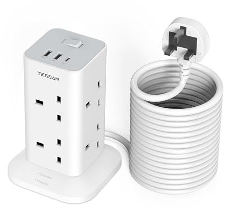 Tower Extension Lead 10M with USB C Slots, TESSAN 8 Way Multi Plug Extension Socket, Surge Protected Power Strip with Switch, Long Cable for Home, Office, School Supplies