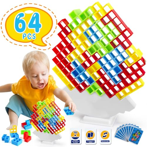VICTERR 64PCS Spiel, Tetris Balance Spielzeug Tower Game, Kreatives Stapelspiel, Stapelblöcke Balancing Spiel für Jungen und Mädchen ab Jahre 3 +