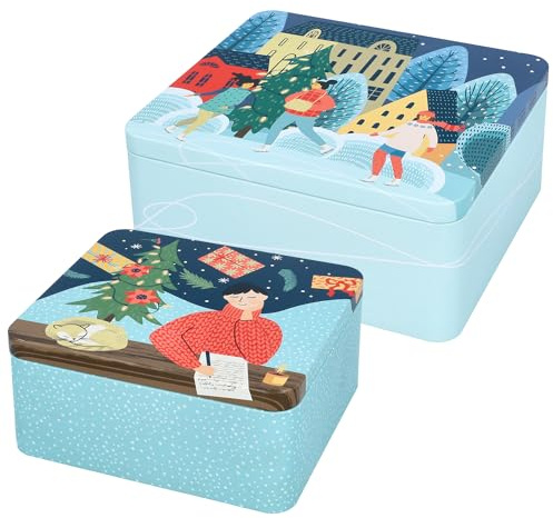 Birkmann, weihnachtliches, modernes Gebäckdosen-Set, Magic Time, Weißblech, Rechteckig, Maße L: 18 x 16 cm, Höhe 8 cm; Maße XL: 21 x 19 cm, Höhe 9 cm, 433205