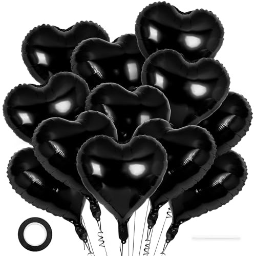 12 Pcs Black Heart Balloons,18 Inch Heart Foil Balloons Love Balloon Valentine Balloon for Birthday Party Wedding Engagement Party Baby Shower Valentine Day Decorations