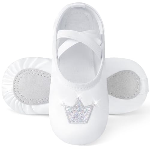 Comfyouth Ballet Shoes for Girls Satin Dance Shoes with Shiny Crown Split Sole Ballerina Slippers No Tie Ballet Dance Flats for Childrens Kids Toddler White