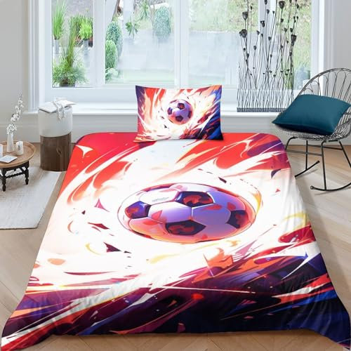 ZHENGYUU Cartoon-FußballBettwäsche Set 3D Gedruckter Weiche Microfaser Bunter FußballBettbezug Und Kissenbezug Mit Reißverschluss 2 Teilig Für Jungen Und Mädchen Single（135x200cm）