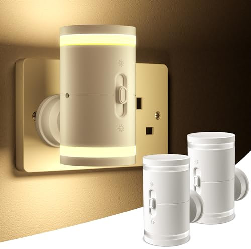 PURSNIC Night Light Plug in Wall, with Dusk to Dawn Photocell Sensor, 3000K Warm White, Brightness Adjustable, LED Night Light for Kid Sand Maternal, Bedroom, Hallway, Stairs, 2 Pack