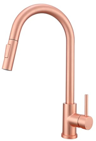 GULICA Red Copper Kitchen Tap, Single Handle, 2 Water Mode 360 Degree Swivel Pre-Rinse Pull Out Kitchen Sink Tap, Copper Rose Gold