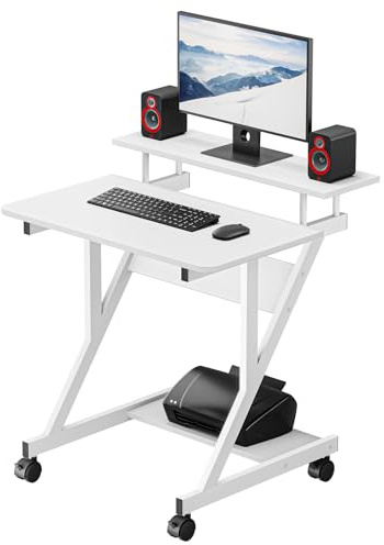Dripex Bureau d'ordinateur Stable en Forme de Z avec roulettes, Mobile avec Étagères pour Petit Espace,Table d'Ordinateur pour Bureau et Domicile, 70x60x79CM-Blanc