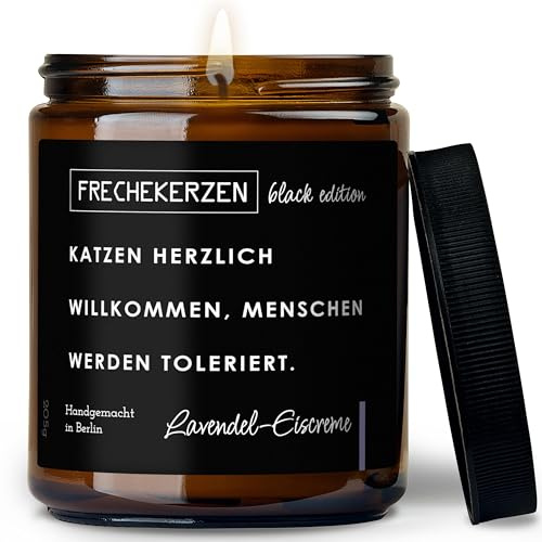 Lustige Duftkerze mit Spruch für Katzen Besitzer & Liebhaber | Handgemacht aus Sojawachs | In Geschenkbox | Valentinstag Geburtstagsgeschenk Gastgeschenk Katzenhalter Cat Lovers |Lavendel-Eis