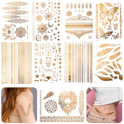 Oruola 9 Sheets Glitter Freckles Face Tattoo,110+Designs Fake Tattoos,Flash Gold Temporary Tattoos Women Adult,Gold Temporary Tattoos for Festival Vacation Makeup Rave,Waterproof,Realistic Last Long