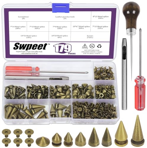 Swpeet 179 Kit surtido de 8 tamaños de puntas cónicas de bronce con punzón rascador destornillador perforador, tachuelas y remaches metálicos tipo bala con rosca trasera para ropa punk manualidades