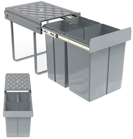 VA-Cerulean Pattumiera da incasso a 3 scomparti, 2 x 10 + 20 litri, pattumiera estraibile con guide telescopiche, sistema di raccolta differenziata dei rifiuti, grigio, 48 x 34,2 x 41,8 cm