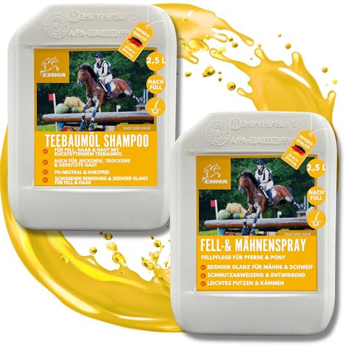 Mähnenspray Pferd & Pferde Teebaumöl Shampoo Pferdepflege-Set 2x2,5l I Pferdeshampoo I Schweifspray für Pferde Mädchen Geschenk I Hundeshampoo gegen Geruch für irritierte Haut I Fellpflege Hund Pferd