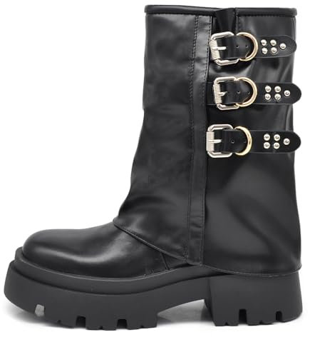 IF Stivali Stivaletti Da Donna Con Risvolto Fibbie Multiple Suola Carrarmato Platform Plateau K-08 Nero N.40