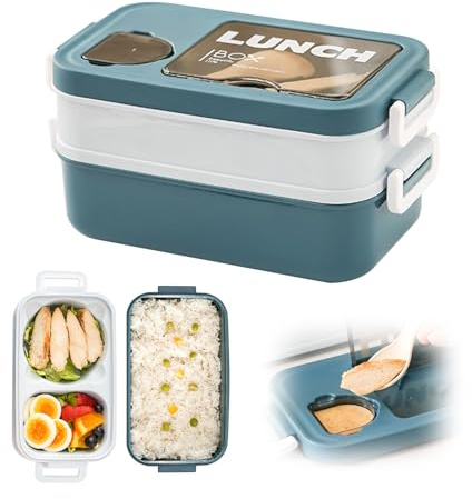 Lunch Box 2 Layers – Porte-déjeuner Umami avec bocaux de sauce et ustensiles – Bento Box chauffable pour micro-ondes – Boîte à déjeuner hermétique idéale pour le bureau scolaire et en voyage (Bleu)