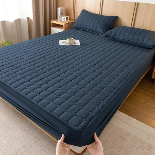 AMDXD 160x200cm Betttuch rutschfest, Kariert Muster Spannbettlaken Wasserbett Einfarbig Marineblau Matratzenschutz, Polyester Baumwolle Tagesdecken für Boxspringbett & Topper