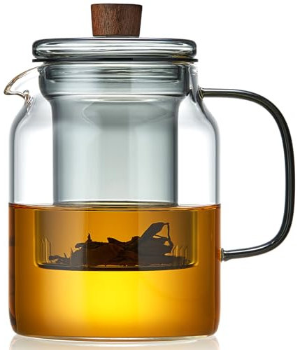 MESNEY Tetera de vidrio de 1000 ml con infusor, vidrio de borosilicato resistente al calor y perilla de tapa de madera. Infusor de tetera de vidrio para té suelto, tetera de hierbas