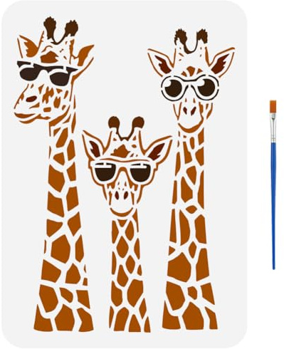 FINGERINSPIRE Giraffenfamilien Schablonen Mit Einem Pinsel 29.7x21cm Giraffe Mit Sonnenbrille Malschablonen Lustige Tiere Zeichenschablonen Tiermotive Giraffenvorlage Für Wand Stoff Boden