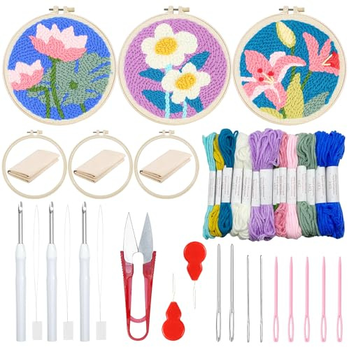 Woohome 3 Stück Punch Needle Anfänger Stickerei Set, Punch Needle Stoff mit Muster, Stickrahmen, Fäden, Anleitung für Kunsthandwerk (Chrysantheme, Lotus, Lilie)