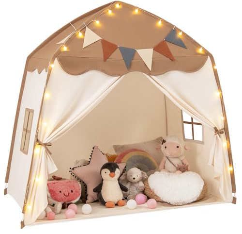 COSTWAY Kids Play Tent, Toddler Bed Tents with String Lights, Flag Banner, 2 Windows, Indoor Outdoor Castle Fairy Playhouse for Boys Girls (Beige+Coffee)