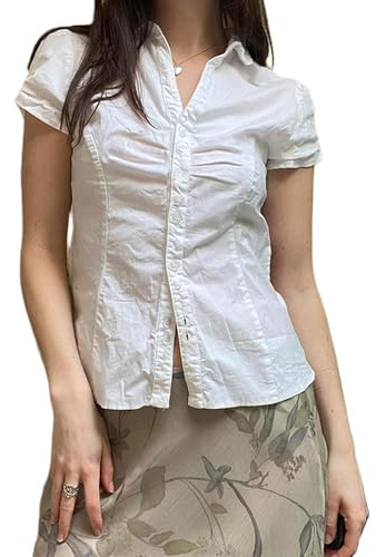 Women's Basic Button Down Blouse Shirts Short Sleeve V Neck Lapel Collar Tight Blouse Tie Up Back Slim Fit Tops Summer Office Shirt (White,L)