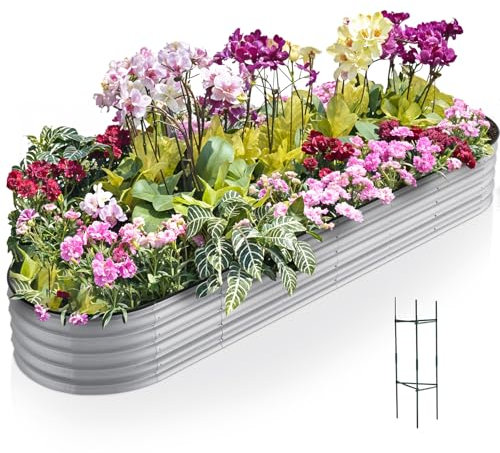 Warmiehomy 320x80x42cm Raised Garden Bed Kit, Metal Planter Box Outdoor with Reinforced Rods, Rounded Galvanised Bottomless Large Raised Flower Beds for Garden Vegetables, Flowers and Herbs, Silver
