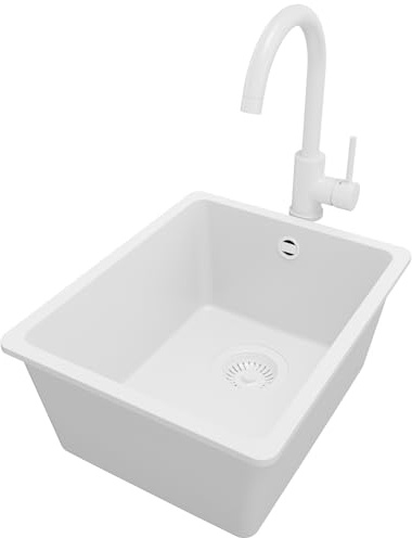 PRIMAGRAN Fregadero Granito al Mueble 40cm + Grifo, 36x44cm | Set: Grifo BW5010 + Kit de desagüe (sifón, válvula, rebosadero) + Venecia Easy Slim 1 Seno para Cocina, Todo Blanco