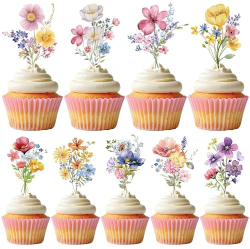 36PCS Wildflower Cupcake Toppers Birthday Party Baby Shower Baby In Bloom Decoration Cake Decor Flower Cake Toppers for Women Bridal Shower Wedding Party Decorations (36pcs Style2)