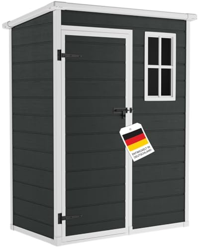 STEELSØN Novara Gerätehaus – Gartenschuppen mit Pultdach & Fenster – Gartenhaus 192x92x151 cm (HxTxB) – Geräteschuppen aus Kunststoff in Dunkelgrau – Gartenhütte wetterfest & rostfrei – Schuppen