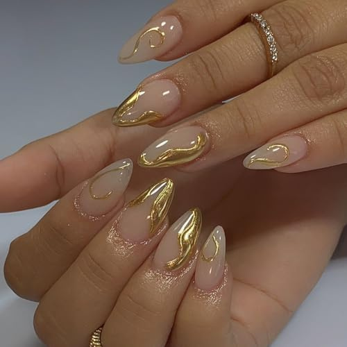 Lot de 24 Faux Ongles Amande, Rayures Dorées Ongles à Coller Brillant Nude Rose French Press on Nails avec Autocollants Adhésifs, Artificiel Couverture Complète Acrylique Ongles pour Femmes Filles