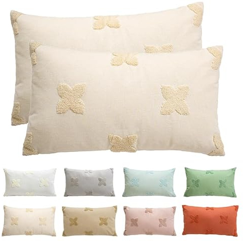 Viste tu hogar Pack 2 Fundas de Cojín, 70% Algodón y 30% Poliéster, Tejido Suave y Denso con Bordado Artesanal, Cremallera Oculta, Estilo Moderno para Sofá, Cama o Salón, Beige Claro, 30x50 cm
