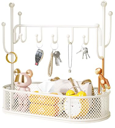 Doolitt SchlüSselbrett mit Ablage,SchlüSselhalter, Hakens mit Mesh Schalenständer,Aufbewahrungsschale für Wohnaccessoires, Flurtisch, Flur, Schlafzimmer, Büro (Weiß)