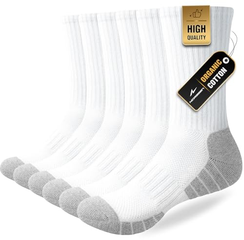Niorasen 6 Pairs Mens Socks, Cushioned Breathable Sports Socks Outdoor Multipack, Comfortable Crew Cotton Athletic sock for Work Walking Hiking Running, White 9-12