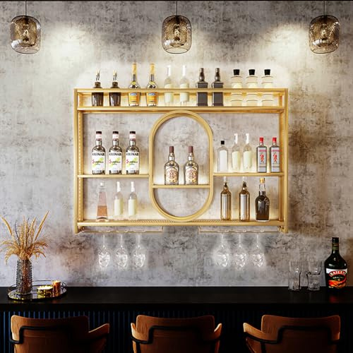 Zanefoo Botellero de Metal con portavasos de Pared,Estante de Vino Montado en la Pared con Luz LED Almacenamiento Moderno de Vino para Bar doméstico, Cocina, Catering(Gold,1.2m)