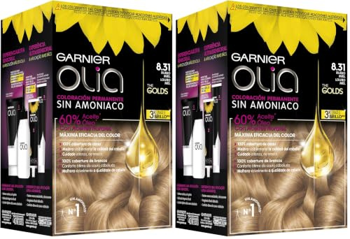 Garnier Olia Coloración Permanente sin Amoniaco, con Aceites Florales de Origen Natural, Tono 8.31 Rubio Miel, 1 Unidad (Paquete de 2), El embalaje puede variar