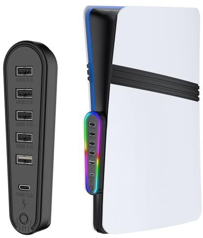Hub USB per PS5 Pro/Slim - Adattatore di espansione 6 in 1 di tipo C con luce RGB, 4 porte dati USB, 1 porta di ricarica, 1 porta di tipo C, adatto per accessori PlayStation 5