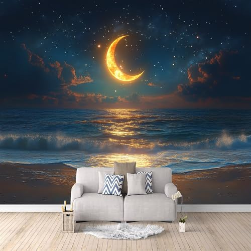 Carta Da Parati Effetto 3D Luna Di Mare 300x256 cm Fotomurali Non Tessuto, Cielo Stellato Decorazione Poster Arte Murale Moderna per Casa Ufficio Camera Da Letto Soggiorno.
