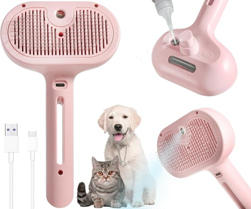 AIBAIDMing 3-in-1 Magic Steam Brush for Dogs & Cats | Self-Cleaning Grooming Brush with Mist Massage, Rechargeable & Portable Pet Hair Remover for Long/Short Hair, Shedding Control (Pink)