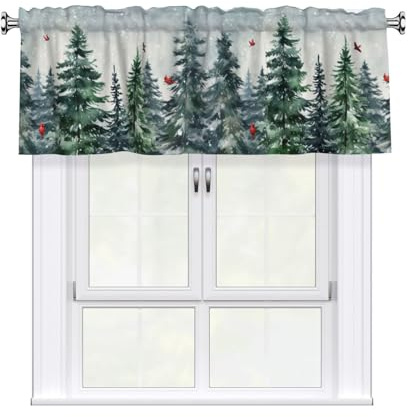 Miaoquhe Mantovane invernali per finestre, 137,2 x 45,7 cm, motivo: uccelli cardinali natalizi, tende corte ad acquerello, albero di pino di Natale, mantovane con tasca per asta per cucina, soggiorno