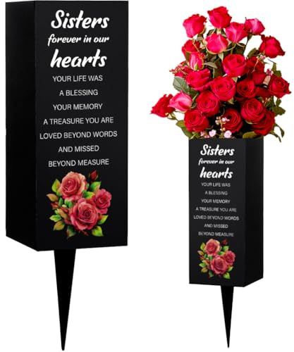 WEBEEDY Vases Funéraires avec Pique Soeurs Mémorial Cimetière Vases Rosier Décorations de Tombe pour Cimetière Support de Fleurs Métallique pour Tombe (Sœurs à Jamais dans Nos Cœurs) 8x20cm