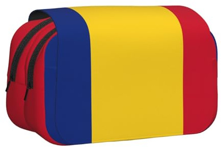 Flag Of Romania Print Double Clamshell Pen Case, Zipper Pockets, Large Capacity For Art Supplies & Travel
