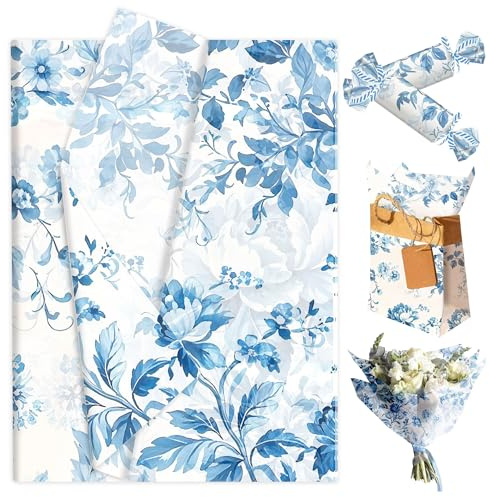 50 Sheets Blue Floral Tissue Paper Gift Wrapping Paper Vintage Blue White Flowers Packaging Patterned for Baby Shower Wedding Birthday Bridal Shower Christmas Party Decor